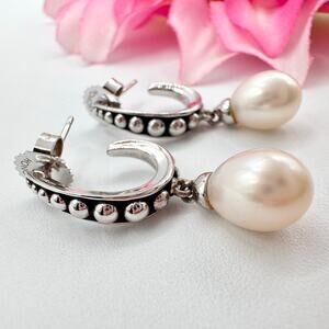 Honora 925 Pearl Dangle Hoop Earrings Milgrain Beading Classic Timeless Elegant